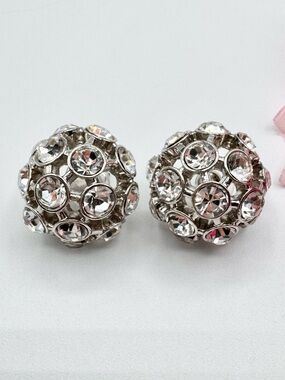Crystal Dome Statement Stud Earrings Silver Tone Chunky Runway Formal Red Carpet